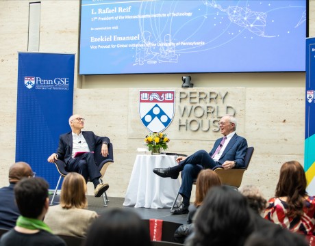 Vice Provost Zeke Emanuel sits down with President Emeritus Rafael Reif for a conversation in Perry World House. 